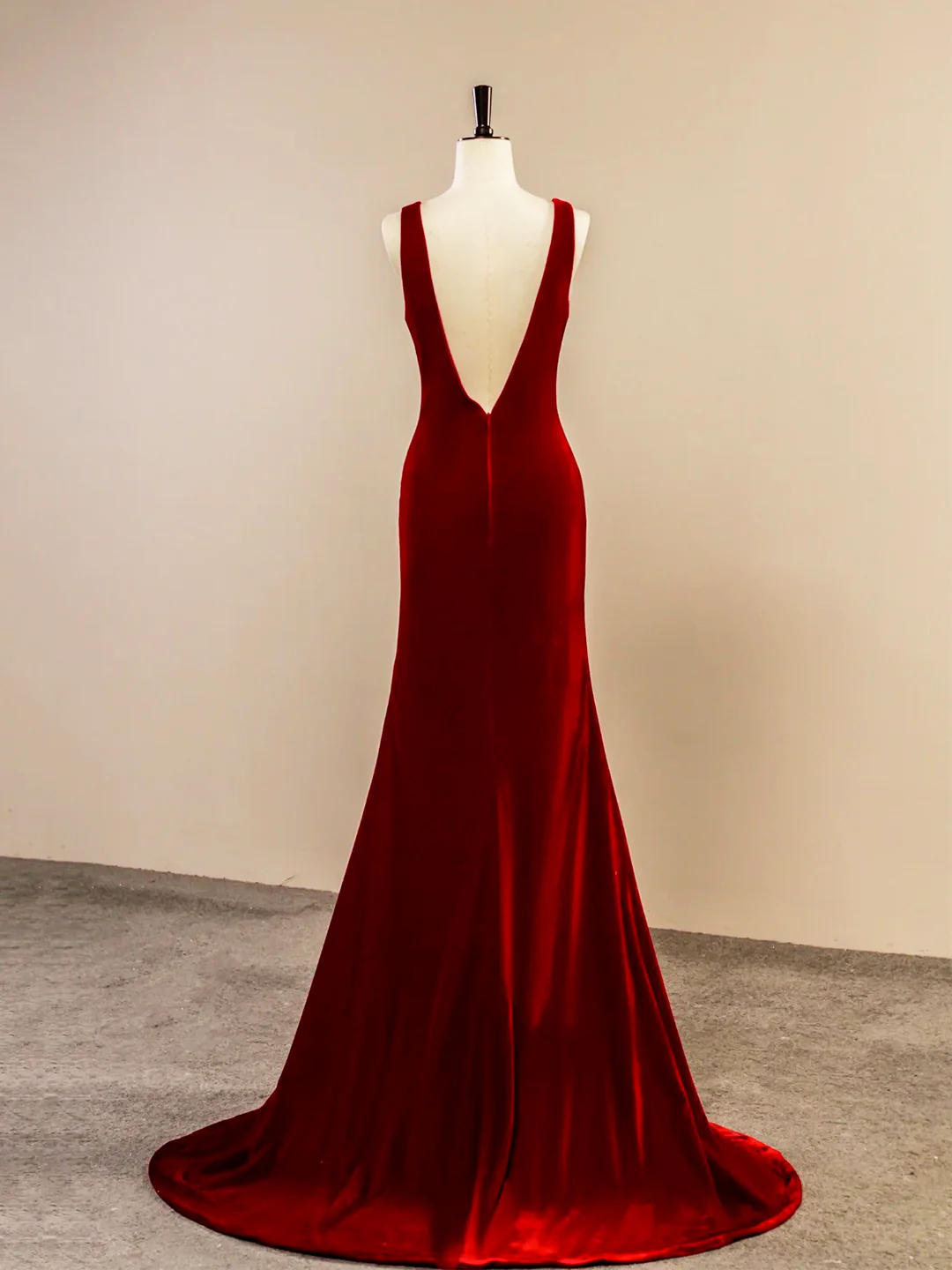 Burgundy V-Neck Velvet Long Prom Dress Mermaid Backless Evening Dress DP257