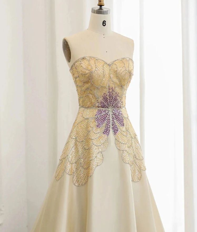 A Line Sweetheart Neck Beads Light Yellow Satin Long Prom Dress Evening Dress DP1474