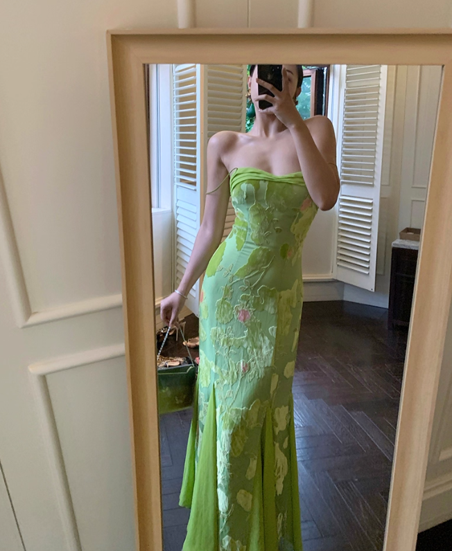 Stunning Green Mermaid Spaghetti Strap Print Floral Satin Chiffon Prom Dress Outfits DP3581