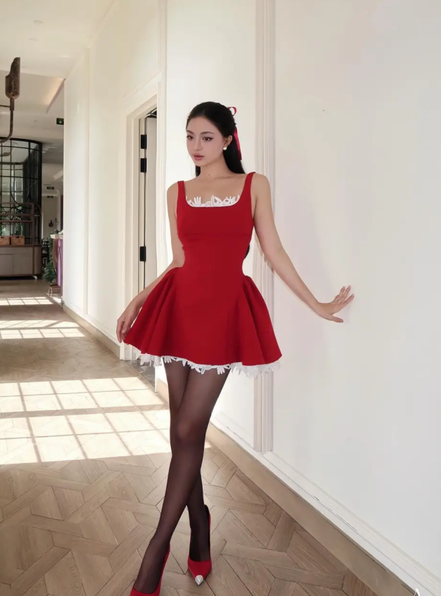 Charming A Line Straps Red Satin White Lace Short Homecoming Dress DP2824