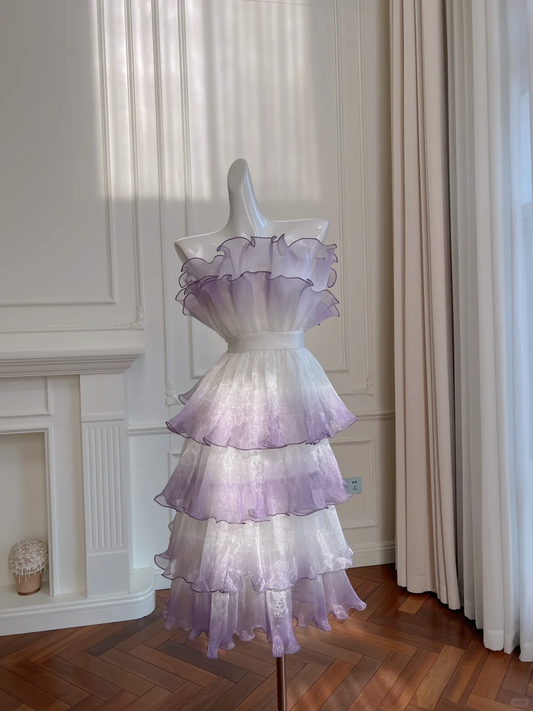Stunning A Line Strapless Purple Ombre Layered Organza Homecoming Dress Wedding Guest Dress DP2455