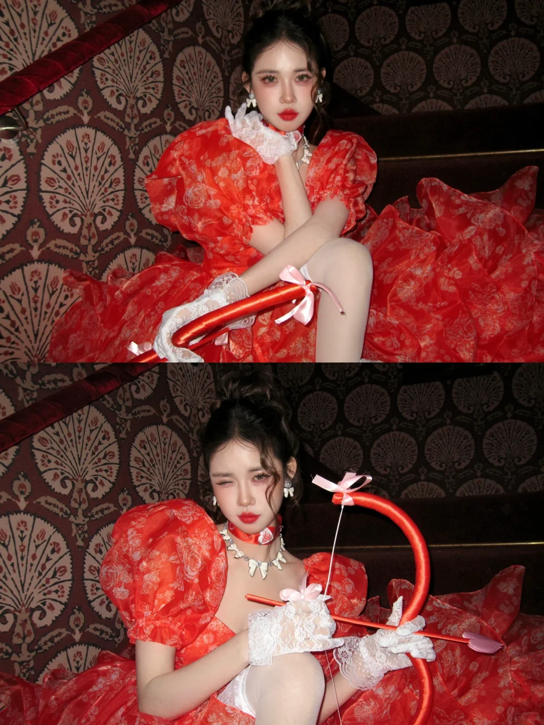 Red Ball Gown Puff Print Floral Ruffle Chiffon Long Party Dress Birthday Dress with Slit DP2523