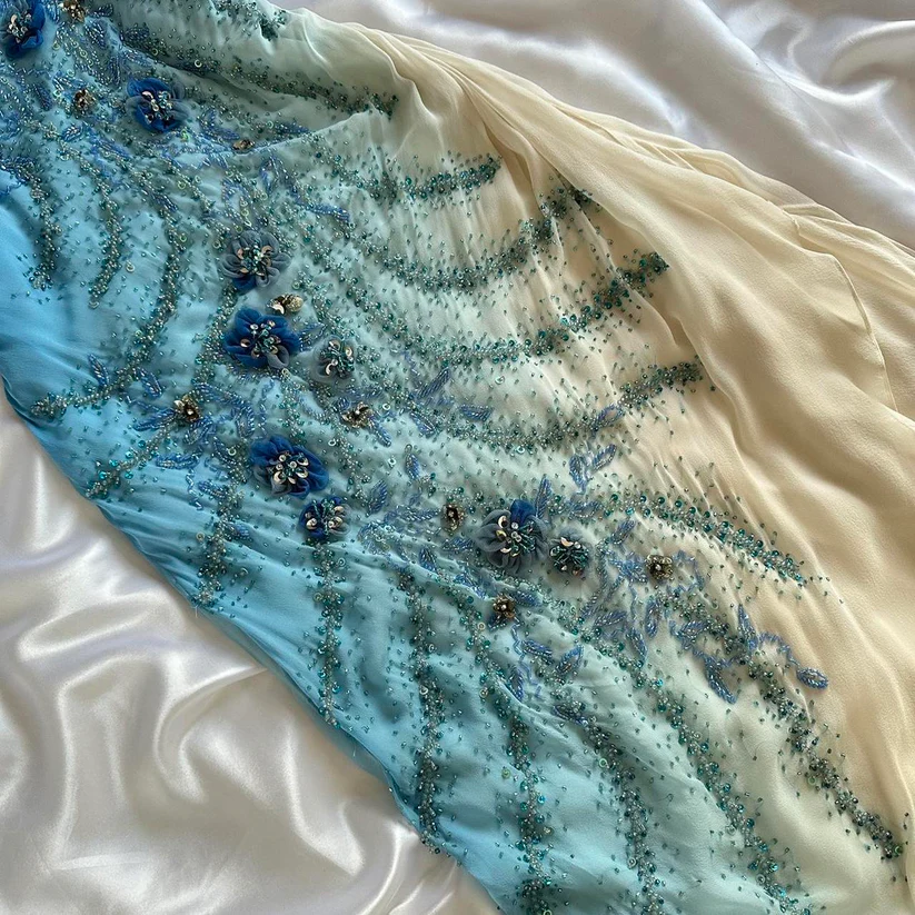 Exquisite Retro Blue Ombre Beaded Flower Chiffon Long Party Dress Date Dress DP2933