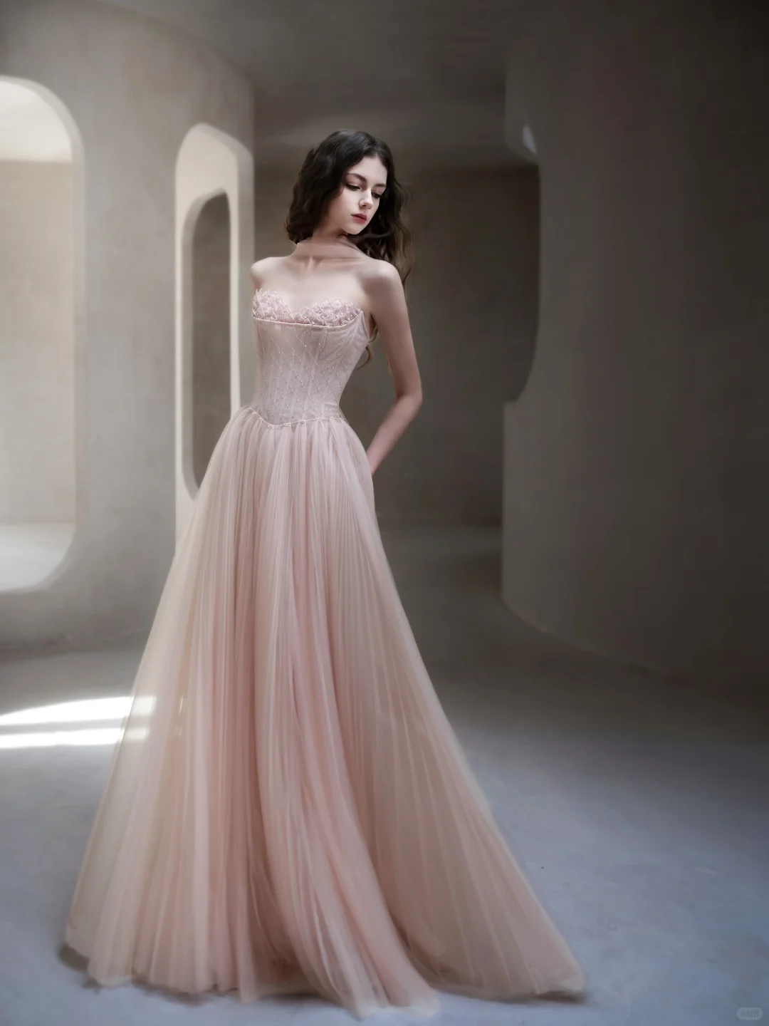 Light Pink A Line Strapless Beaded Tulle Long Date Dress Prom Dress Evening Dress DP3432
