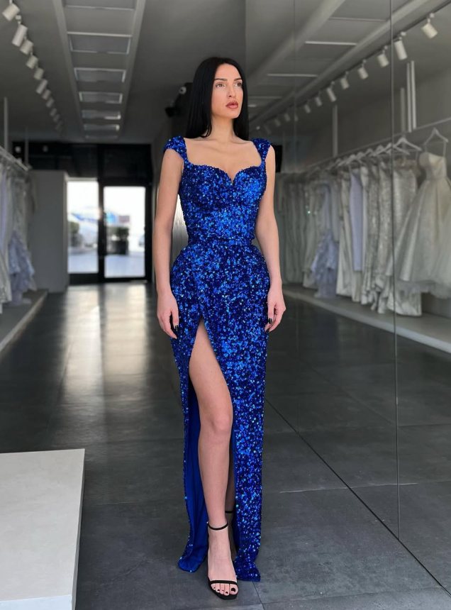 Royal Blue Sheath Straps Sequin Slit Long Prom Dress Evening Dress DP5197