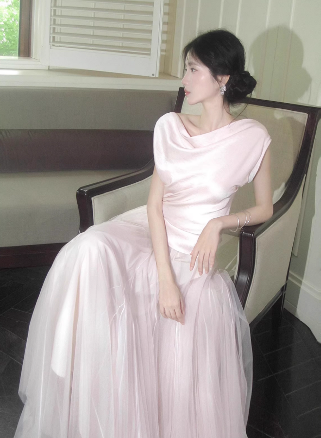 Gentle Light Pink Ball Gown Tulle Satin Prom Dress 16th Birthday Dress DP3569