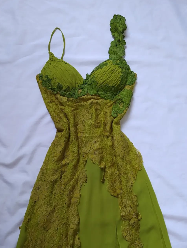 Vintage A Line Spaghetti Strap Lace Green Chiffon Party Dress Evening Dress with Slit DP2368