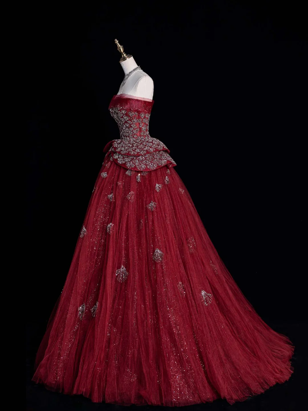 Gorgeous A Line Strapless Beaded Sequin Burgundy Tulle Long Prom Dress Evening Dress DP2174