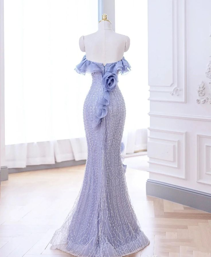 Elegant Lavender Flower Ruffles Beaded Lace Prom Dress Mermaid Evening Dress DP162