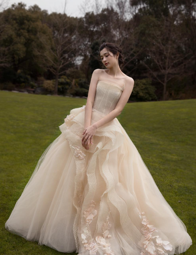 Luxury Ball Gown Strapless Champagne Tulle Long Wedding Dress DP1563