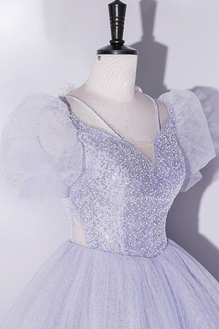 Light Purple Tulle Sequins Prom Dress Short Sleeves Puffy Floor-Length Evening Dress Quinceanera Dress DP207