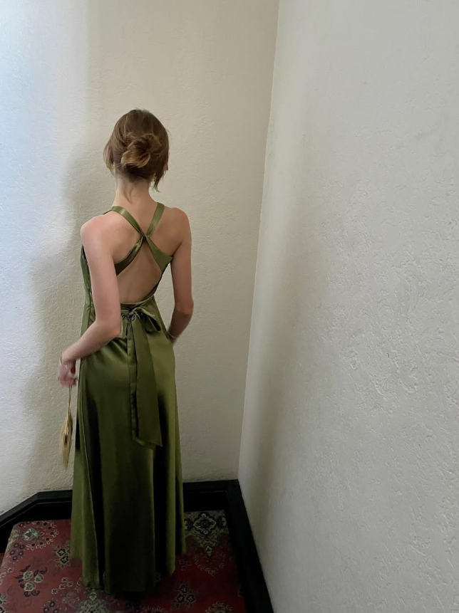 Green Sheath Halter Bow Satin Open Back Prom Dress Graduation Prom Dress DP2165