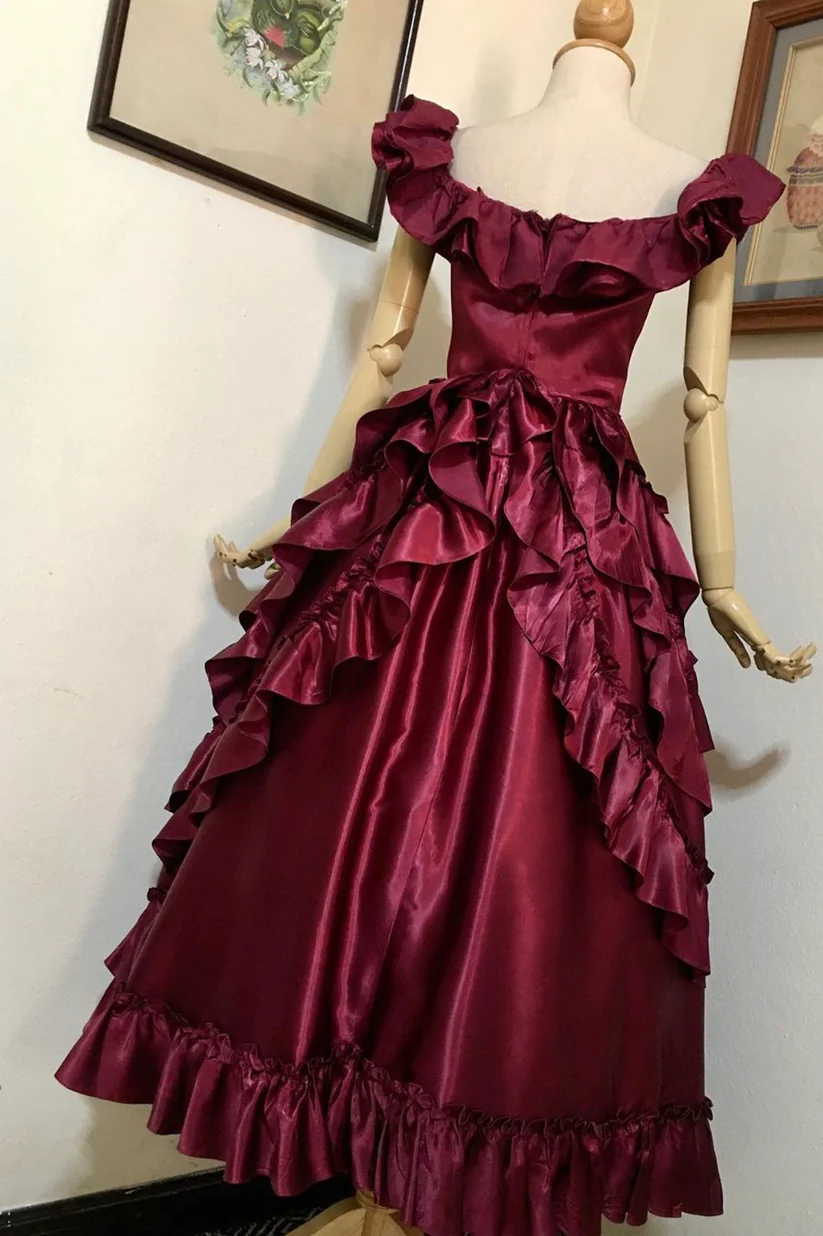 Burgundy Satin Off The Shoulder Ruffles Prom Dress DP234