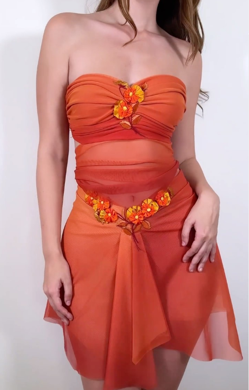 Fairy Two Piece Strapless 3D Floral Orange Chiffon Short Party Dress Homecoming Dress DP1562