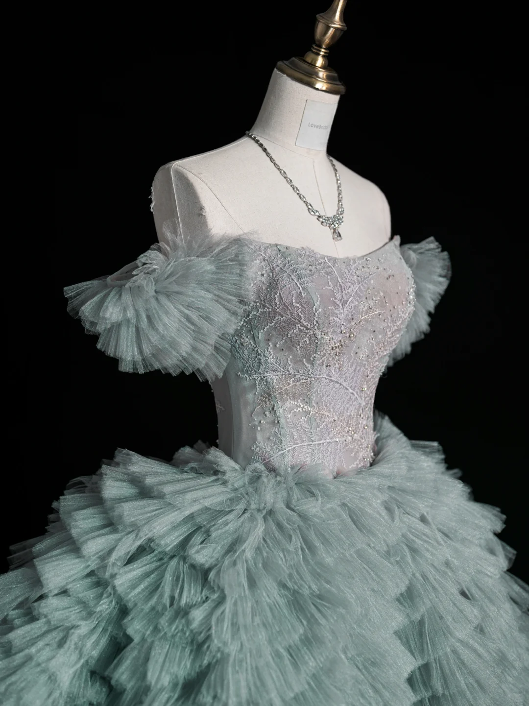 Green Ball Gown Off the Shoulder Lace Beaded Tulle Long Prom Dress Graduation Prom Dress DP2268
