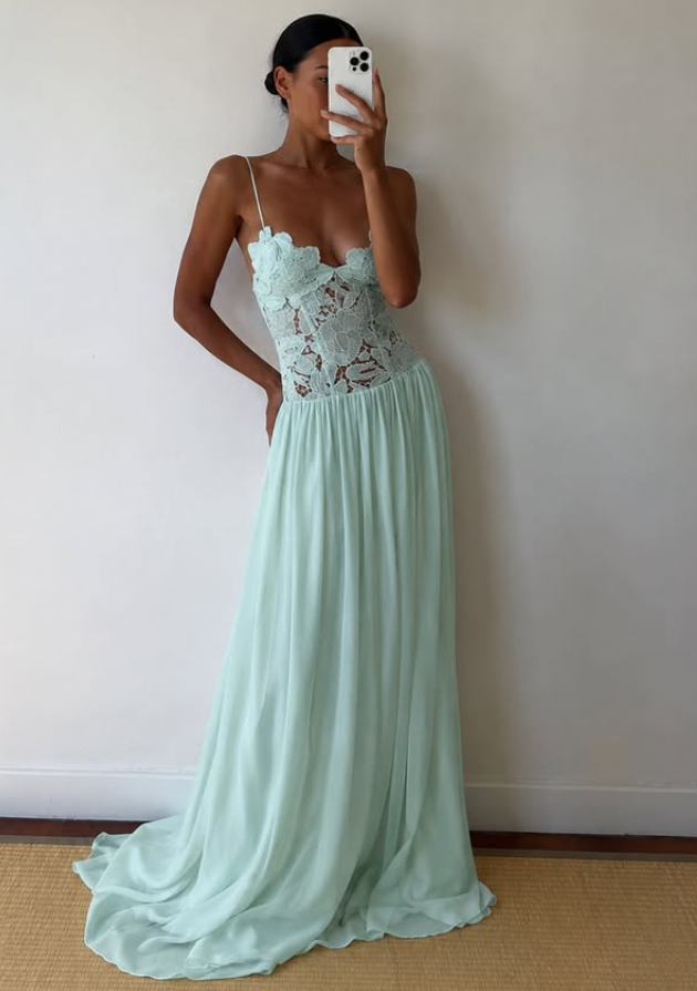 Mint Green A Line Spaghetti Strap Lace Chiffon Long Prom Dress Evening Dress DP6028