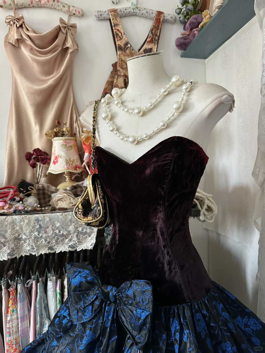 Vintage A Line Blue Print Floral Velvet Tea Length Prom Dress Evening Dress DP5418
