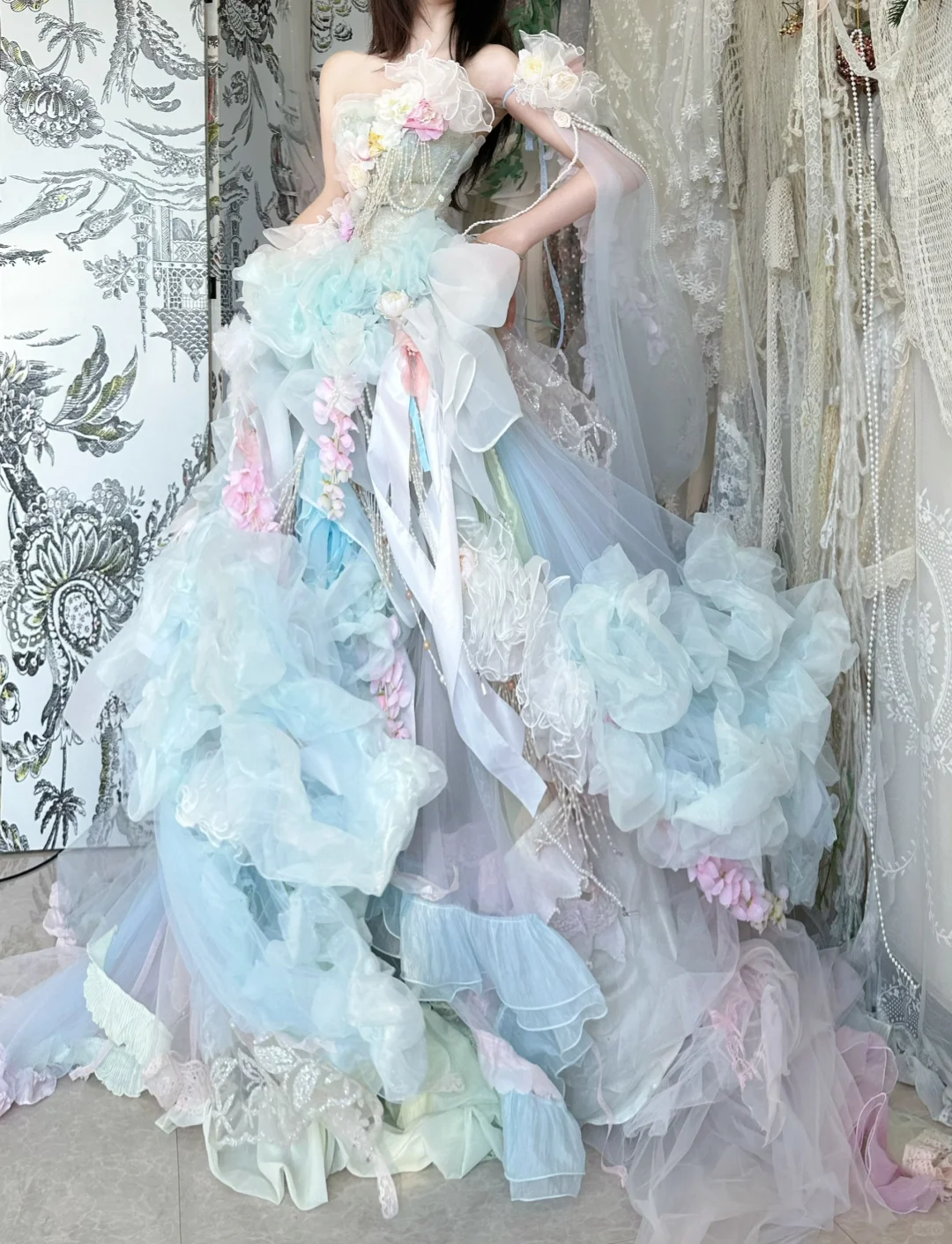 Blue Ball Gown Strapless Floral Beaded Organza Prom Dress 16th Birthday Dress DP3798