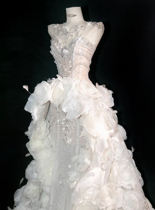 White Flower Exquisite Mermaid Rhinestone Tulle Strapless Prom Dress Evening Dress Party DressDP3100