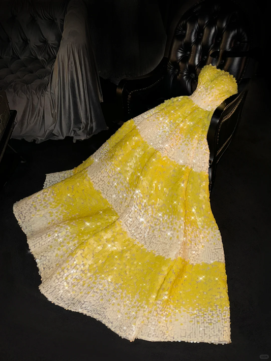 Shiny A Line Strapless Yellow White Sequin Long Party Dress Evening Dress DP2429