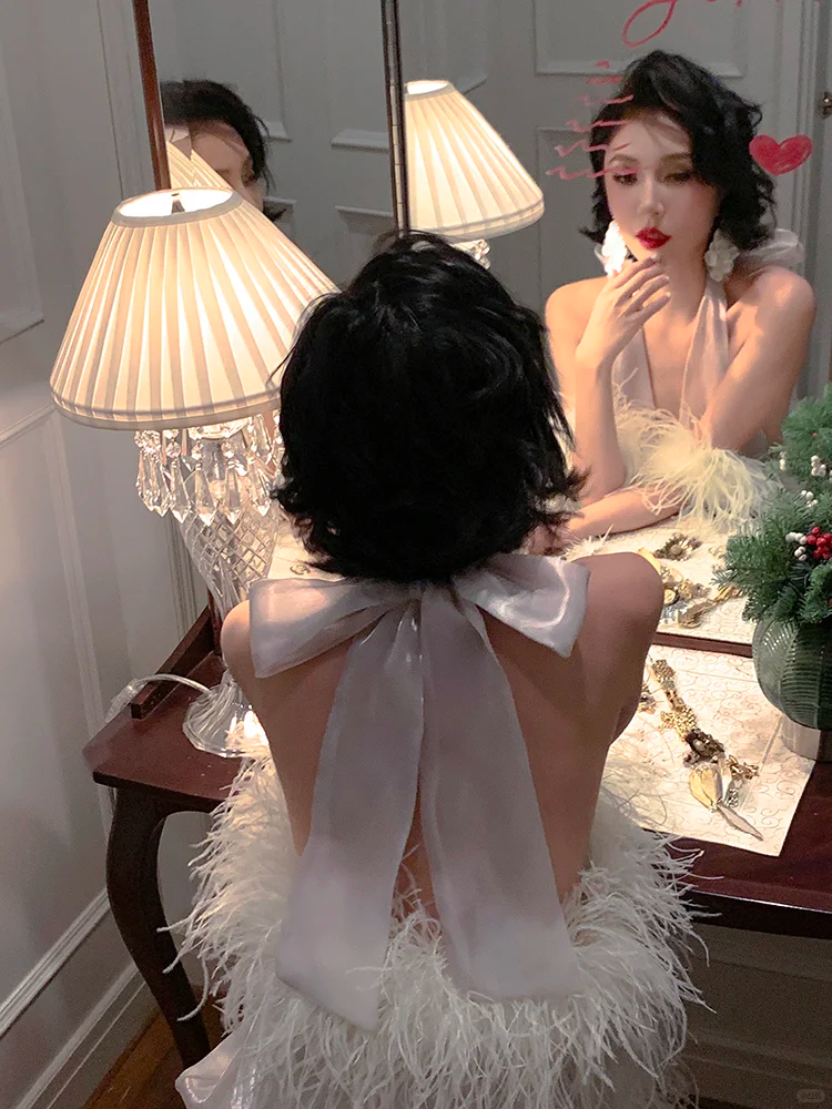 Elegant Sheath Halter White Satin Open Back Prom Dress Vacation Dress DP3862