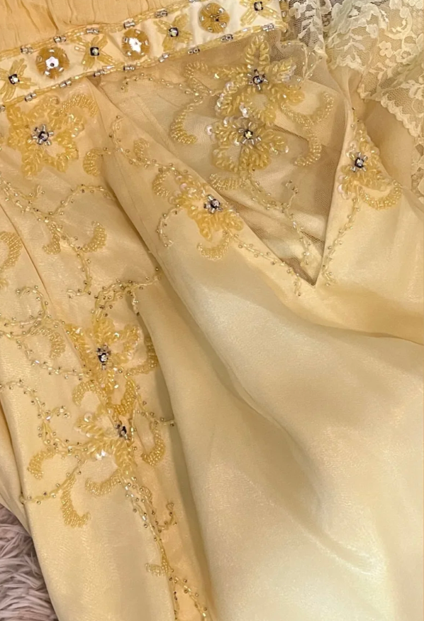 Vintage Mermaid V Neck Beaded Yellow Lace Chiffon Prom Dress Wedding Guest Dress DP4279