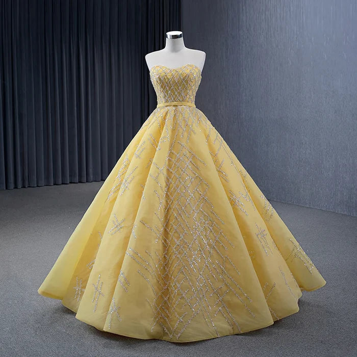 Elegant Yellow Strapless Sequins Ball Gown Lace Up Evening Dress DP881