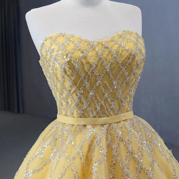 Elegant Yellow Strapless Sequins Ball Gown Lace Up Evening Dress DP881