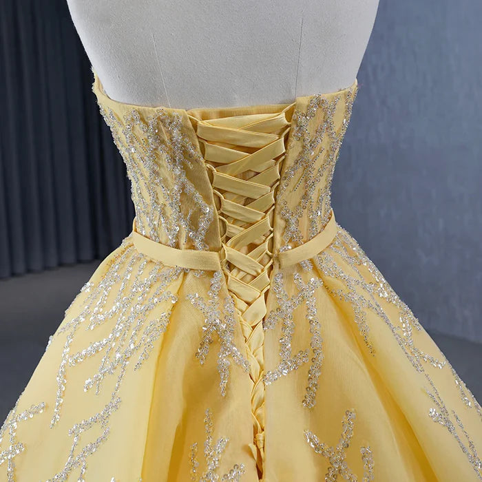 Elegant Yellow Strapless Sequins Ball Gown Lace Up Evening Dress DP881