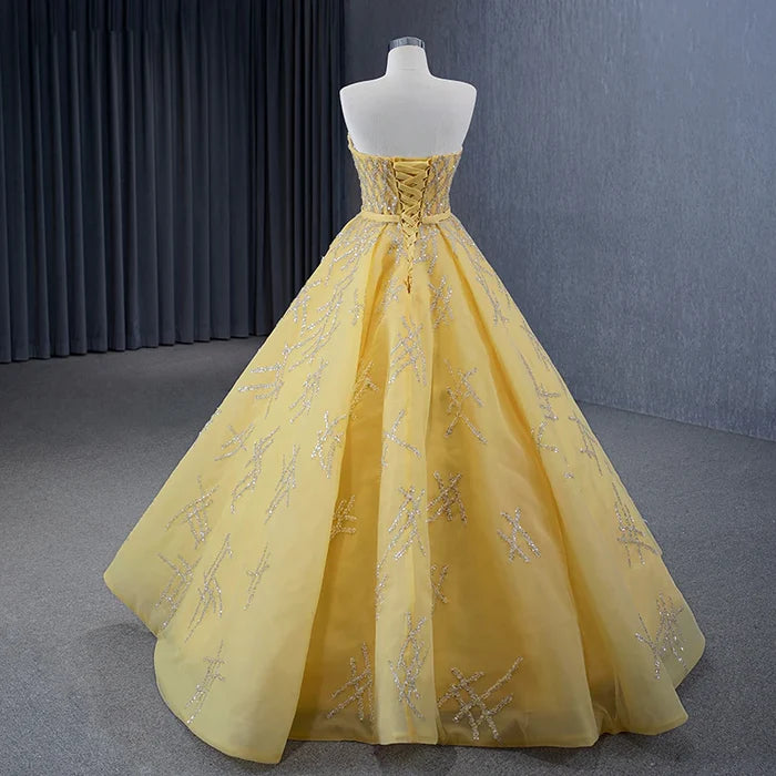 Elegant Yellow Strapless Sequins Ball Gown Lace Up Evening Dress DP881