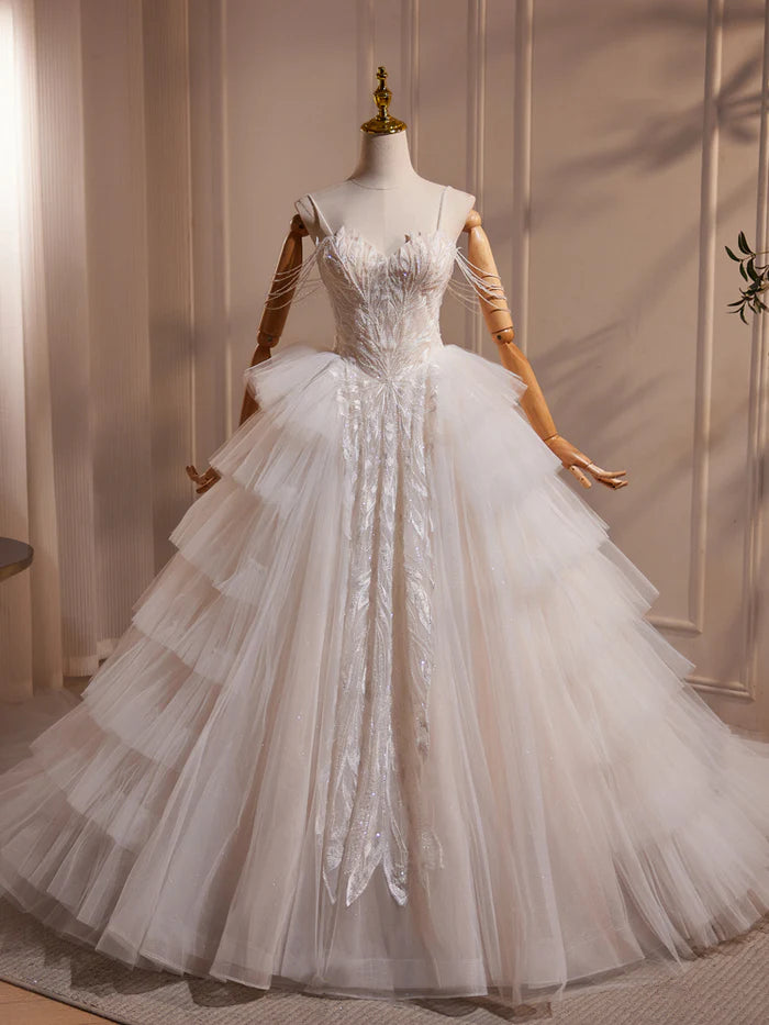 Elegant Ball Gown Spaghetti Straps Layered Tulle Beading Wedding Dress DP849
