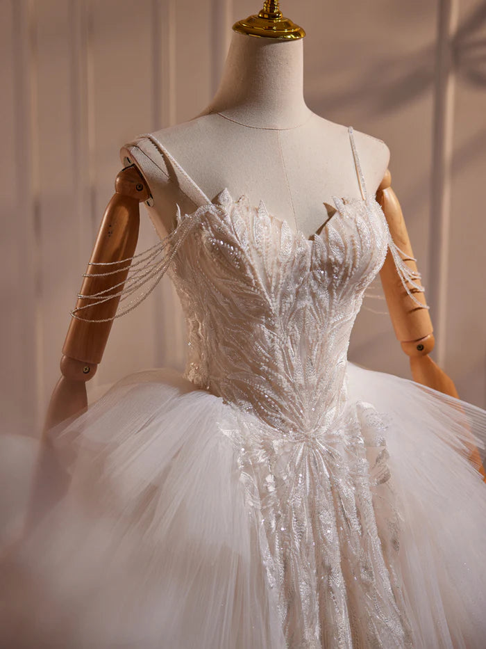 Elegant Ball Gown Spaghetti Straps Layered Tulle Beading Wedding Dress DP849
