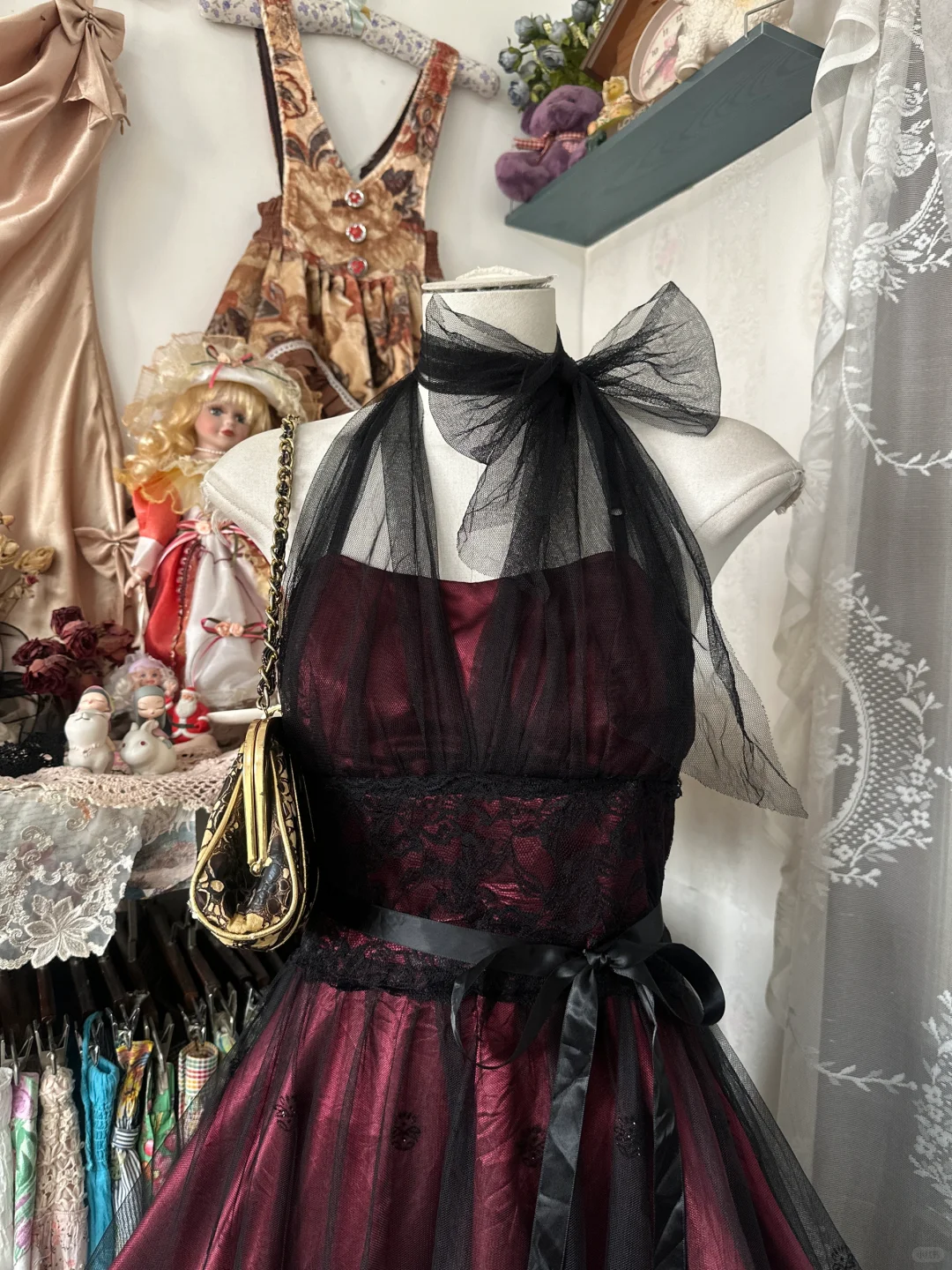 Vintage A Line Halter Beaded Black Tulle Burgundy Satin Short Homecoming Dress Party Dress DP4988