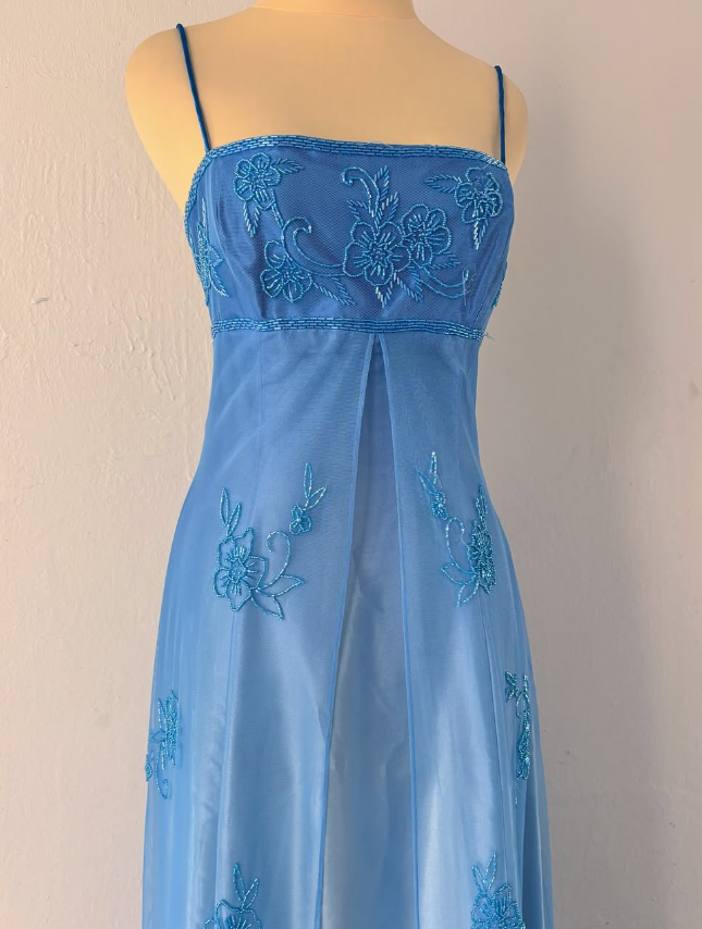 Elegant A Line Spaghetti Strap Beaded Blue Ombre Tulle Satin Prom Dress Evening Dress DP2232