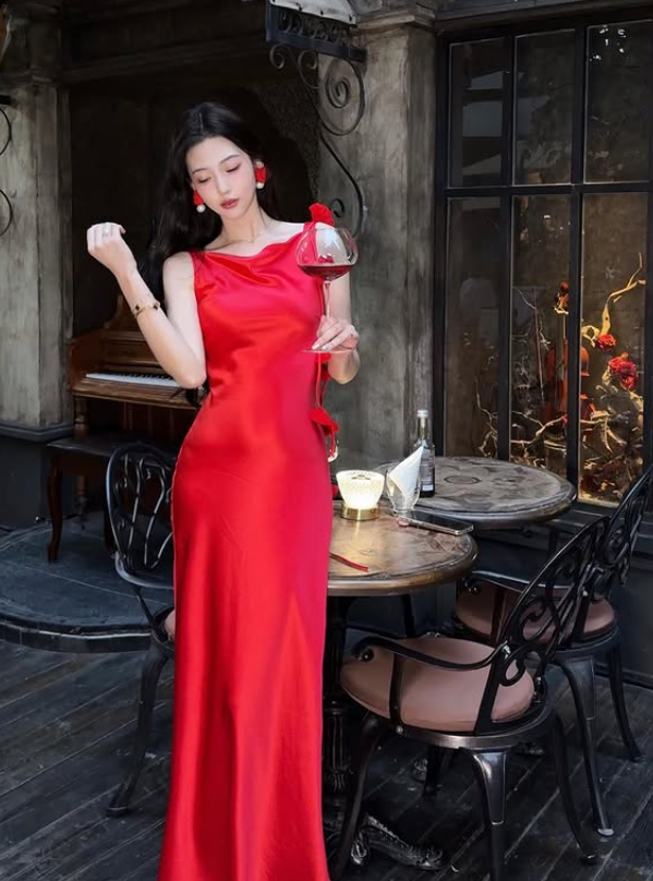 Charming Red Sheath Floral Satin Backless Prom Dress Evening Dress DP5270