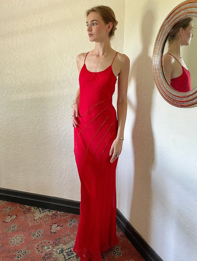Elegant Sheath Spaghetti Strap Beaded Red Chiffon Long Prom Dress Graduation Prom Dress DP2201
