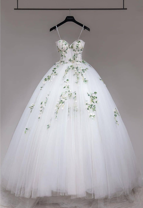 Pretty A Line Spaghetti Strap Appliques Tulle Long Wedding Dress DP1756
