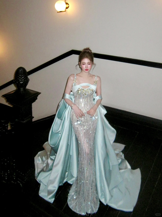 Shiny Mermaid Spaghetti Strap Blue Satin Sequin Long Sweep Party Dress Prom Dress DP2533