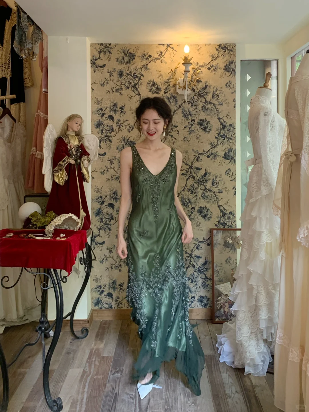 Vintage Mermaid V Neck Beaded Dark Green Chiffon Satin Prom Dress Party Dress DP3705