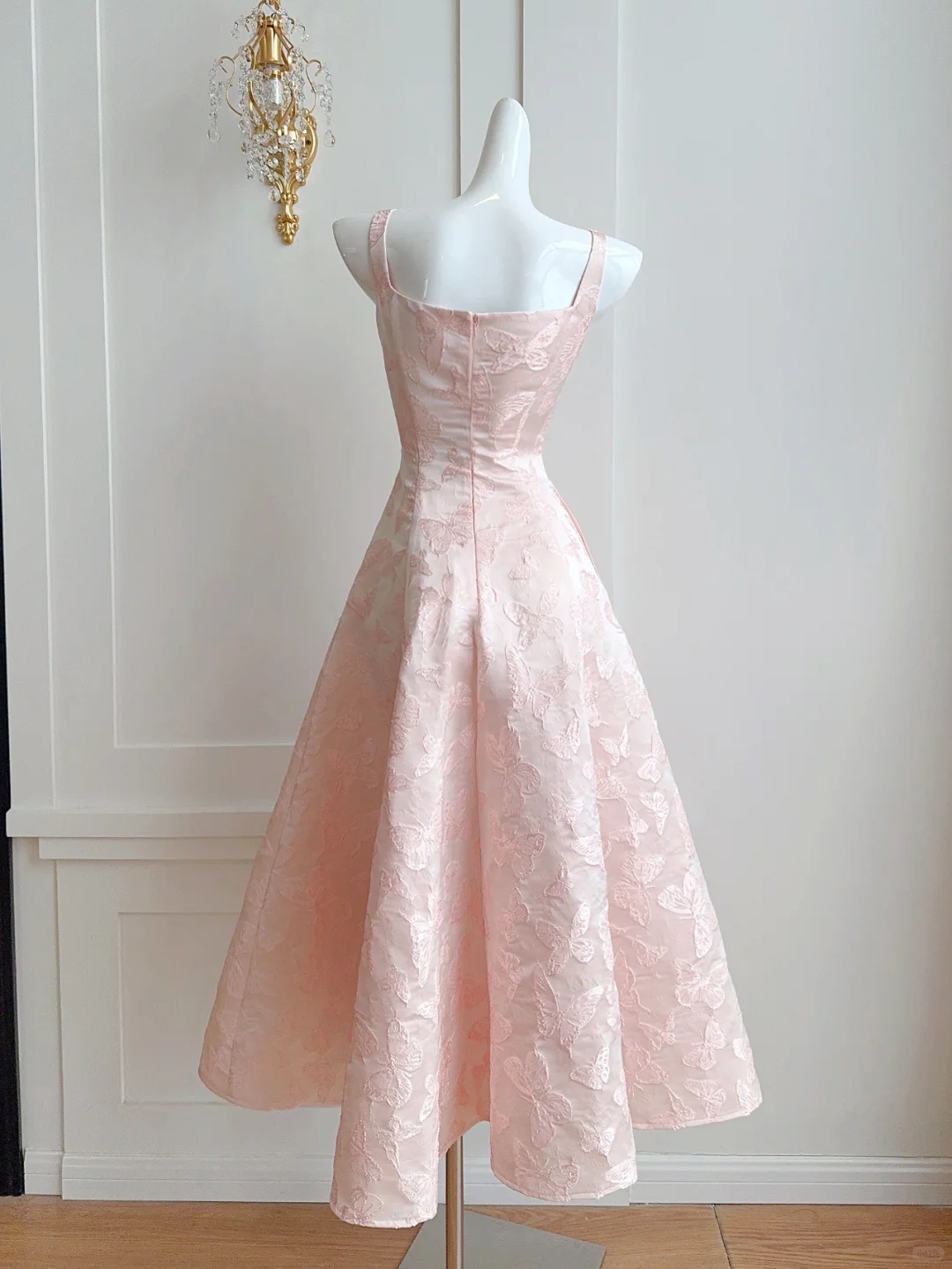 Elegant A Line Straps Print Butterfly Light Pink Satin Party Dress Cocktail Dress DP2649
