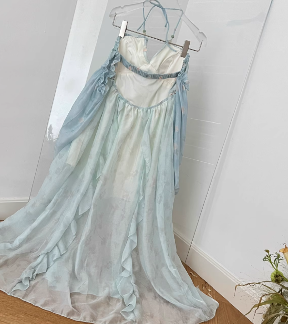 Flowy Blue A Line Halter Ruffle Chiffon Vacation Dress Homecoming Dress Outfits DP3546
