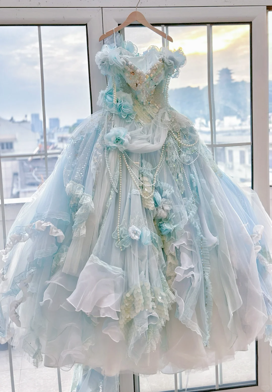 Unique Blue Ball Gown Off the Shoulder Floral Exquisite Beaded Tulle Prom Dress DP3820