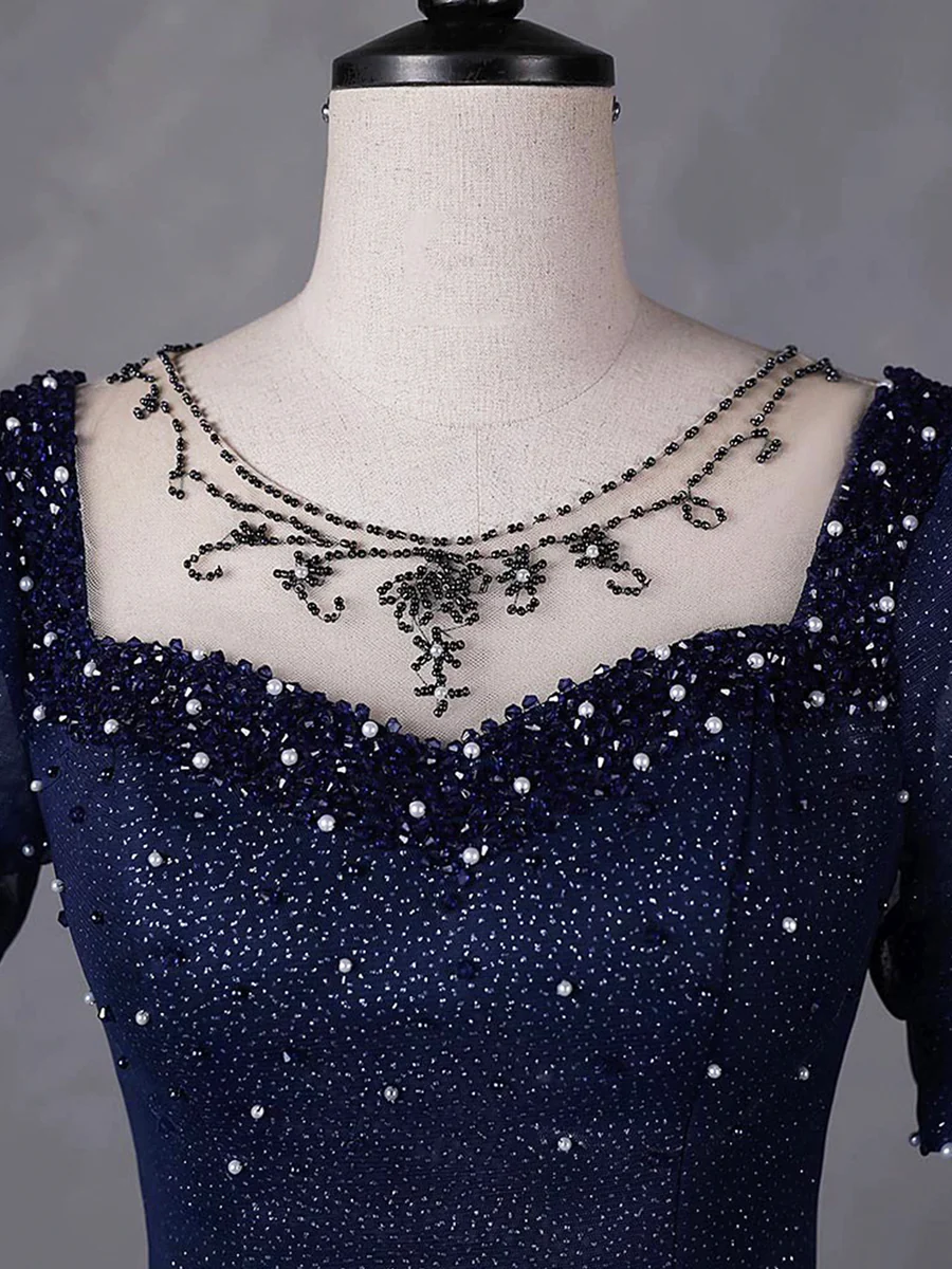 Charming Navy Blue Tulle Beading Long Party Dress Evening Dress Ball Gown DP312
