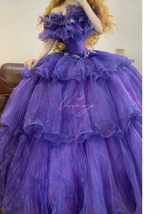 Purple Ball Gown Off the Shoulder Rhinestone Layered Organza Prom Dress 22 Birthday Dress DP4072