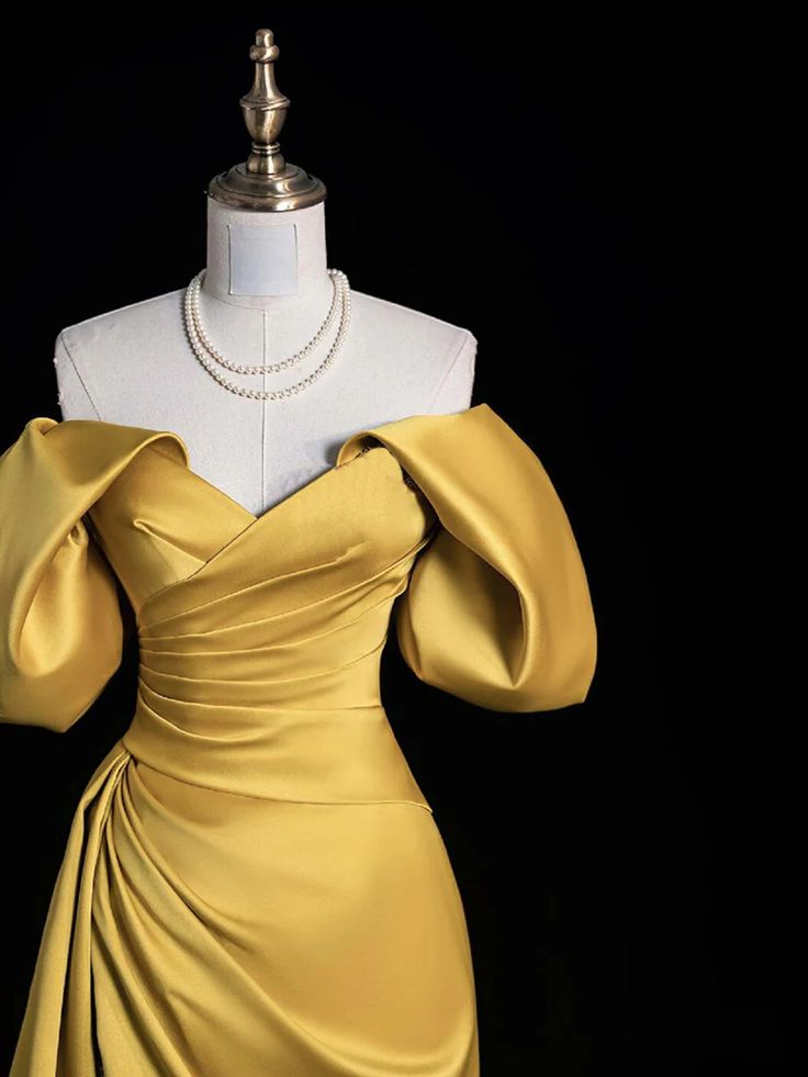 Off Shoulder Slit Satin Gold Long Prom Dress Evening Dress DP652