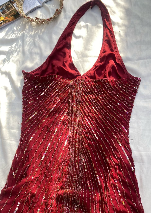 Burgundy Mermaid Halter Beads Sequins Chiffon Prom Dress Evening Dress DP1373