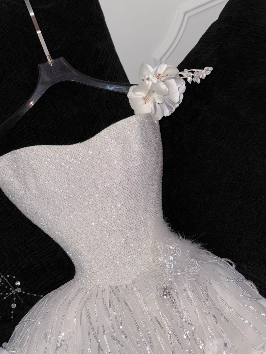 Gorgeous A Line Strapless Sequin Flower White Tulle Prom Dress Party Dress DP2682