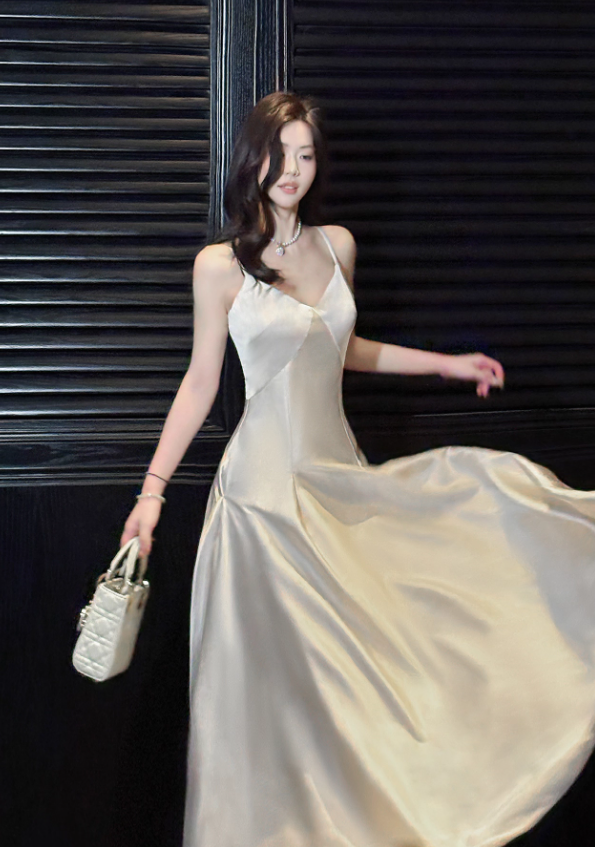 Simple White Spaghetti Strap Satin Prom Dress Evening Dress Party Dress DP3589