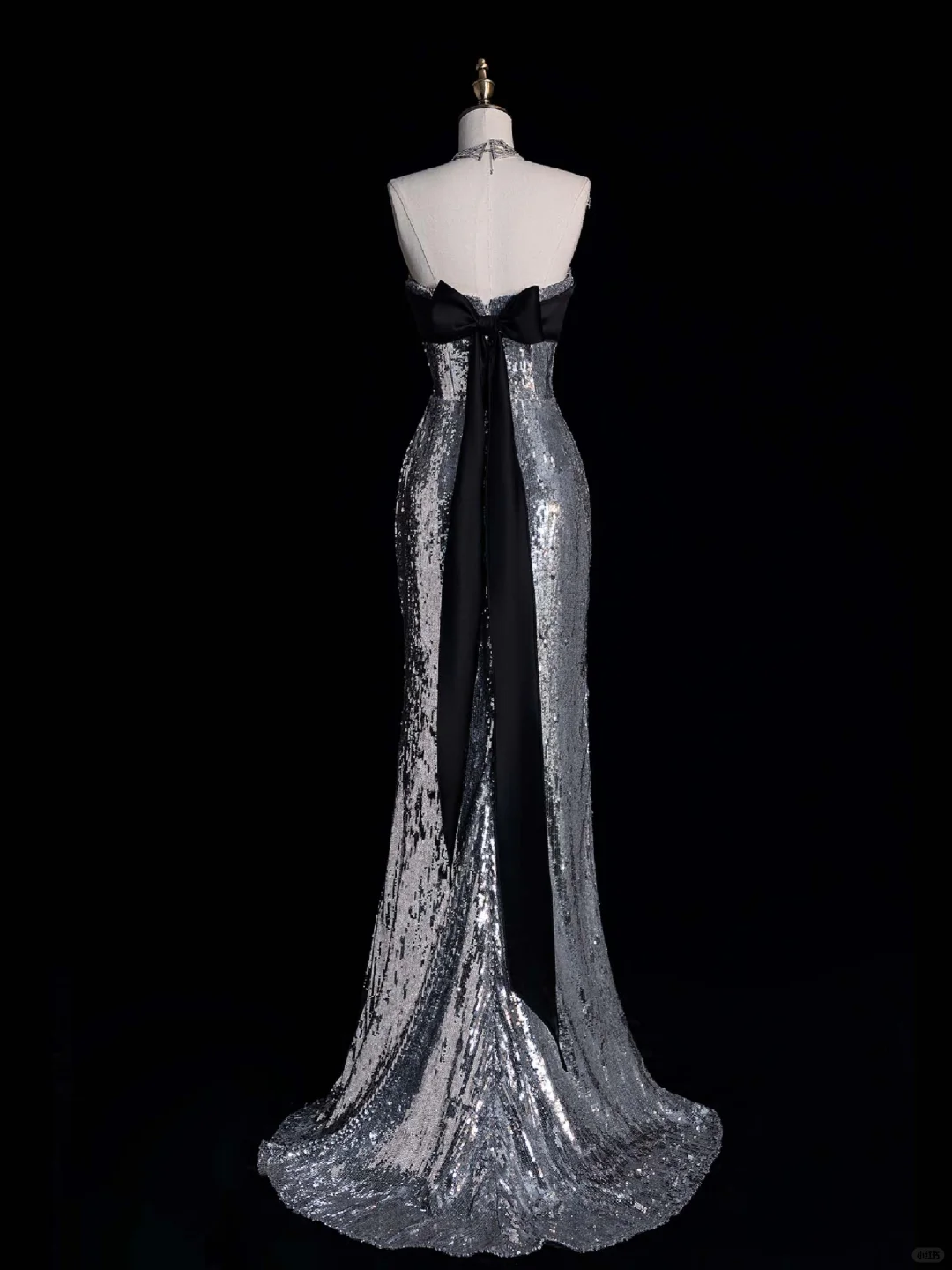 Shiny Sheath Strapless Silver Sequin Black Satin Bow Long Prom Dress Graduation Prom Dress DP2270