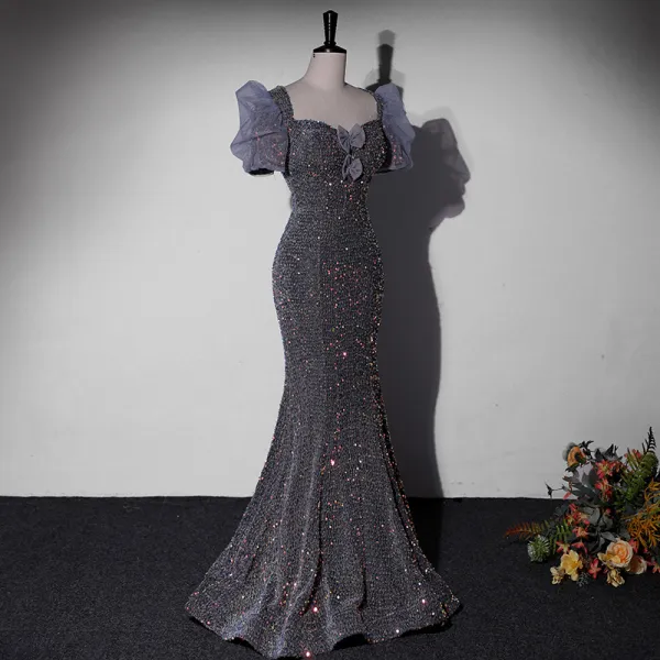 Shiny Grey Sequins Evening Dress Mermaid Bow Prom Dress DP209